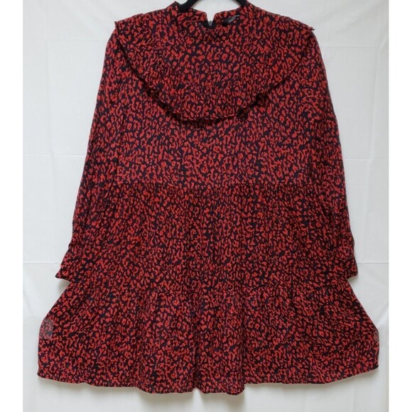 Zara Women’s Black Red Cheetah Print Flowy Long Sleeve Mini Dress S NWOT Summer - Picture 1 of 10